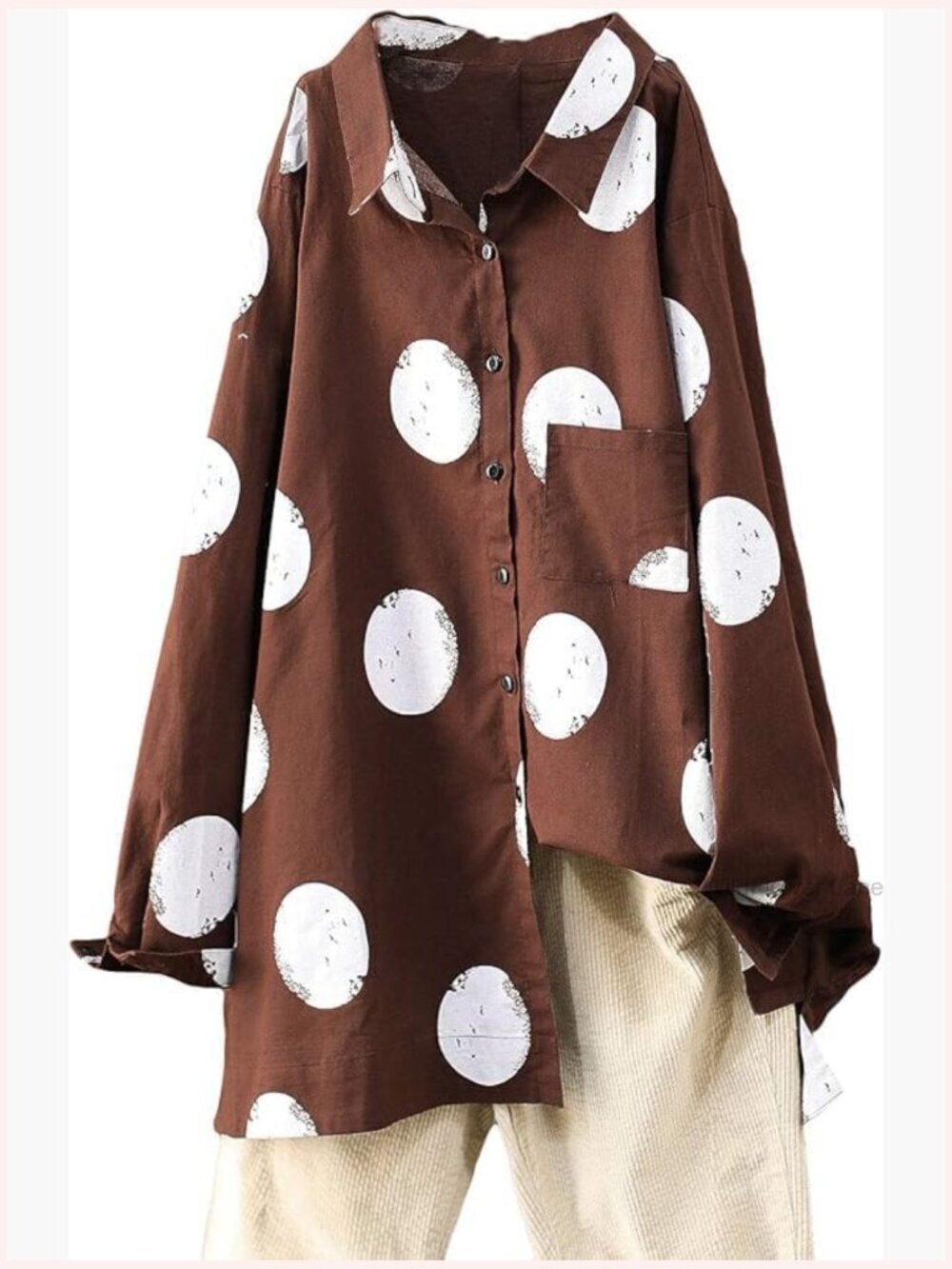 Polka Dot Button Down Tunic Top Long Sleeve Cotton Blouse